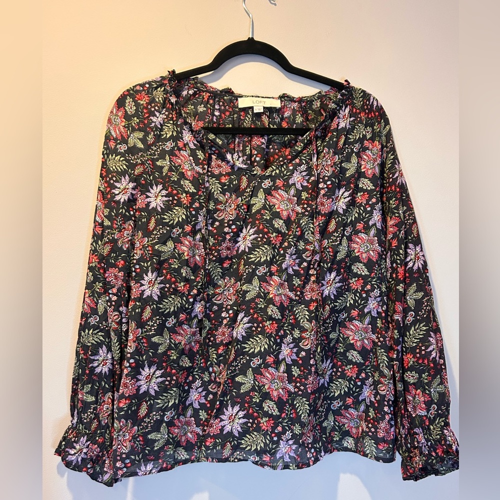 Women Loft Top Small Black Floral‎ Long Sleeve Tie Neck Boho CottageCore Peasant